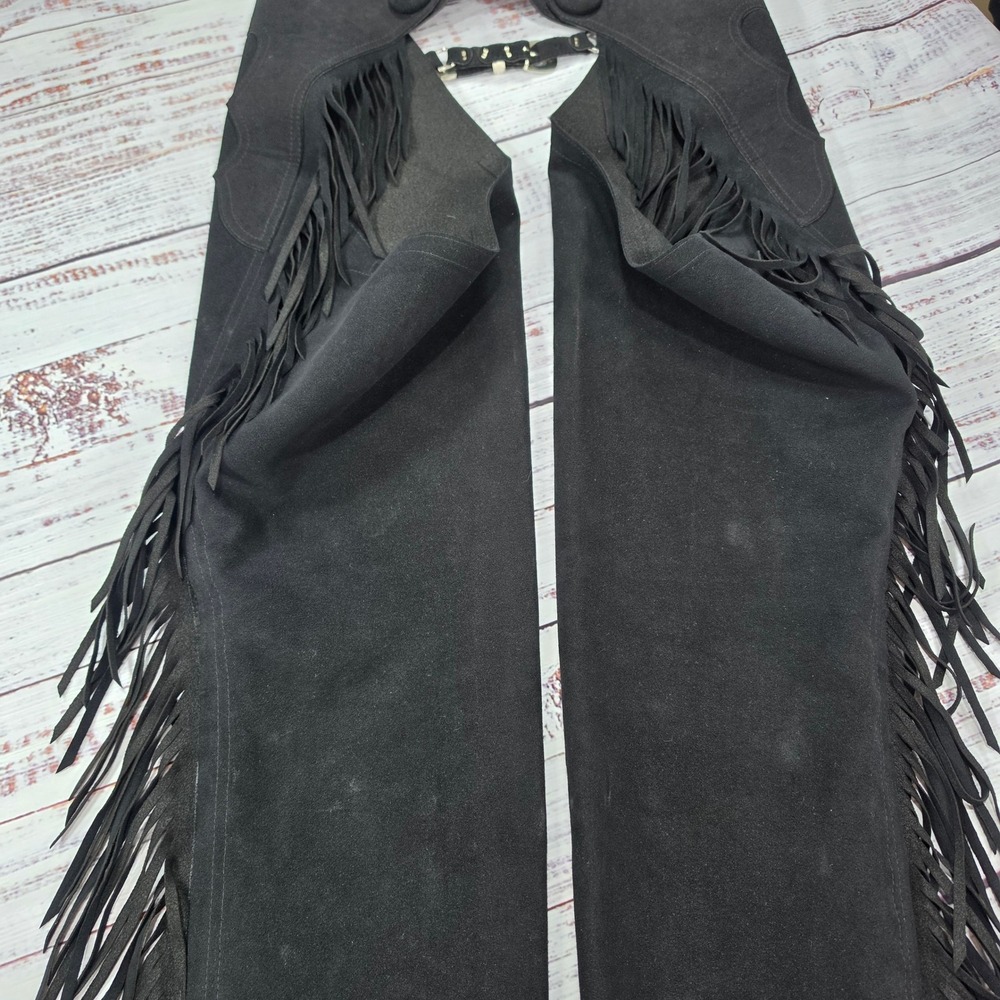 Hobby Horse Show Chaps Womens Medium Black Good Ultrasuede Fringe Western Riding - Picture 2 of 16